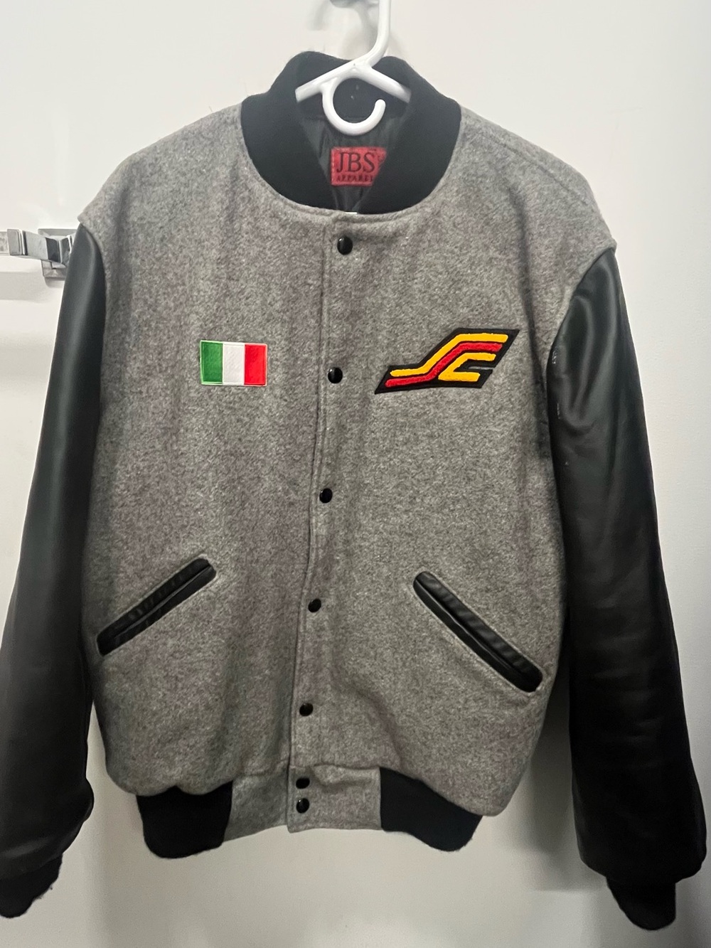 J.B.S. Grey Wool Varsity Jacket with Black Leather Sleeves and Italian flag.